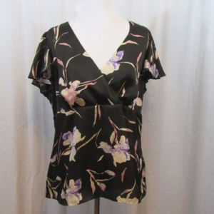 American Living Black Floral Crossover Top L